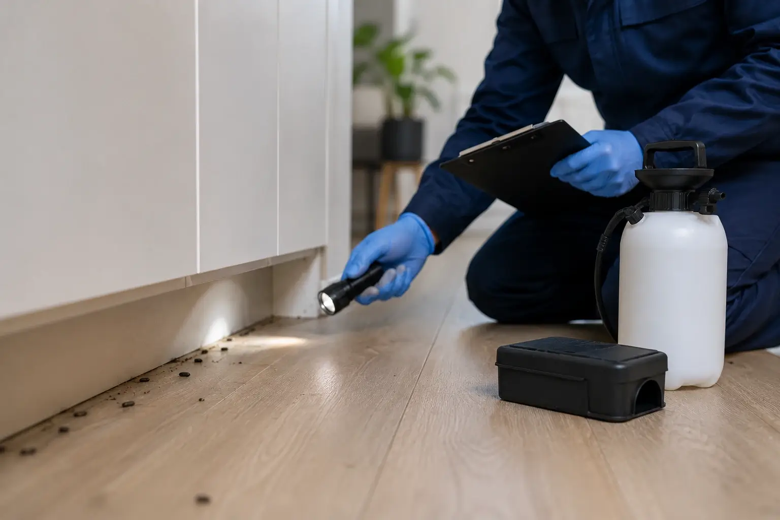 Ongediertebestrijder inspecteert sporen van ongedierte in huis