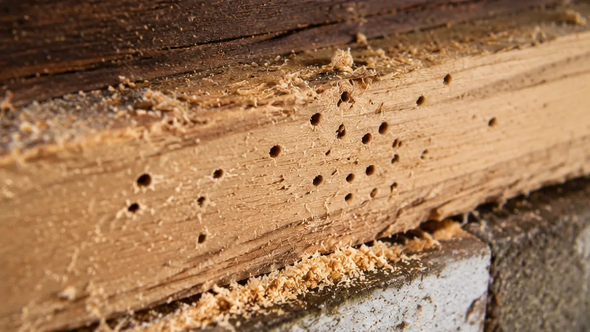 Houten balk met kleine uitvliegopeningen en boormeel als mogelijke sporen van houtworm.